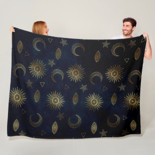 Couverture Polaire Magic Gold Moon Sun Stars Dark Blue motif