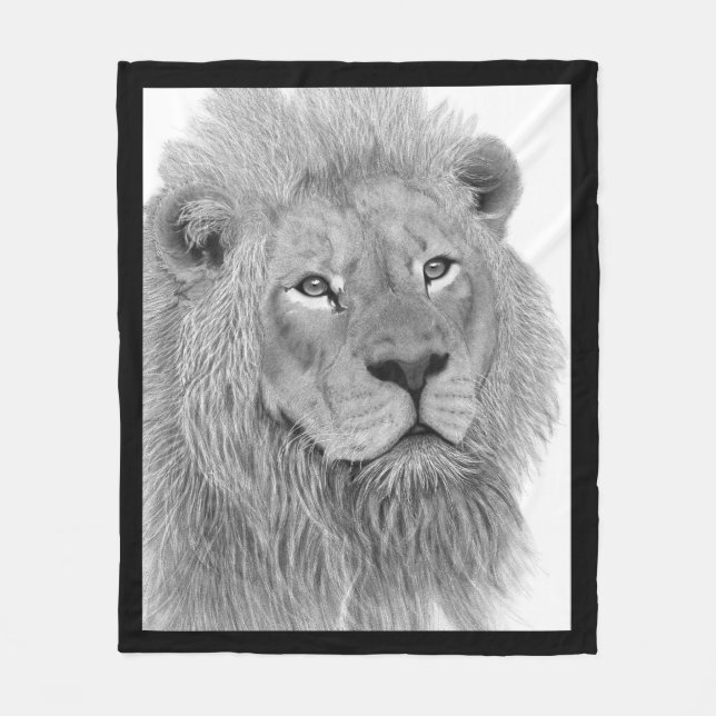 Couverture Polaire Magnifique Lion Mâle Noir et Blanc Illustration Nu (Devant)