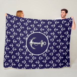 Couverture Polaire Magnifique motif d'ancre nautique blanc et bleu