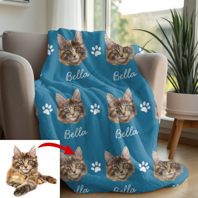 Couverture Polaire Maine Coon Chat, Personnalisé Pet bleu (Créateur téléchargé)