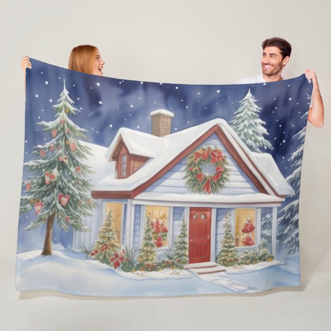 Couverture Polaire Maison de Noël Neige Peinture d'hiver Aquarelle (En situation)