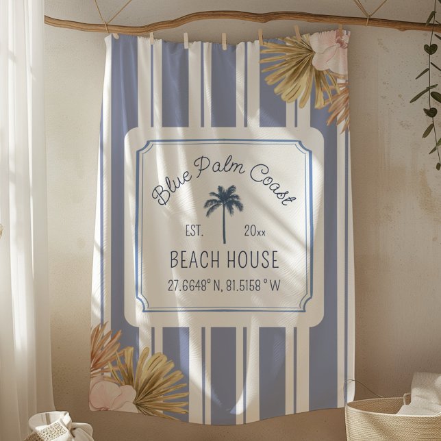 Couverture Polaire Maison de plage bleu rayures style boho fermier (In situ)