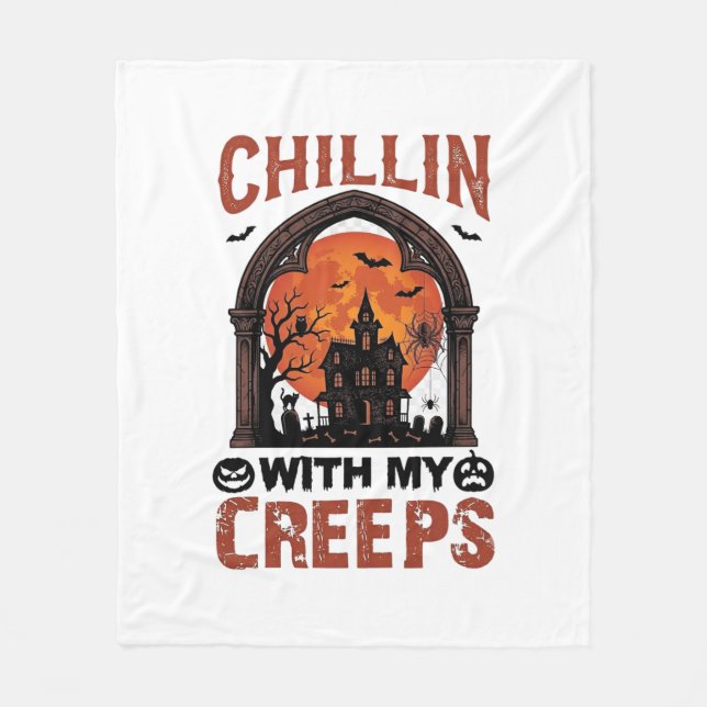 Couverture Polaire Maison hantée Halloween Chillin Creeps Lune Orange (Devant)
