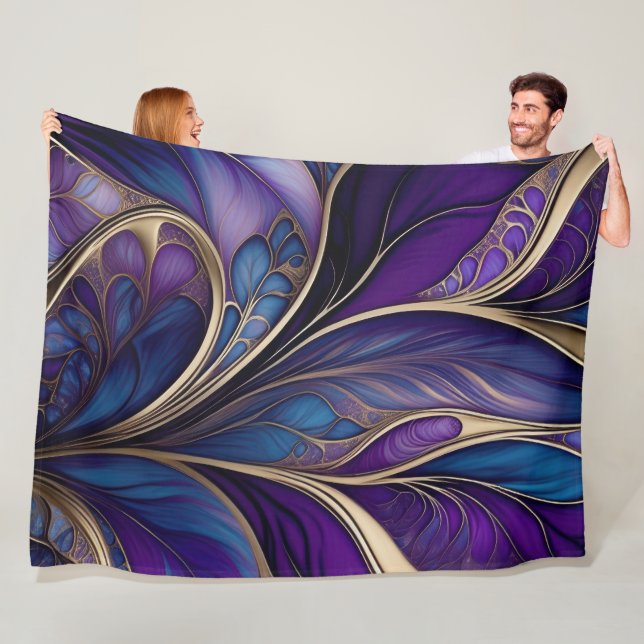 Couverture Polaire Majestueuse Floraison - Abstrait Violet et Bleu Pr (En situation)