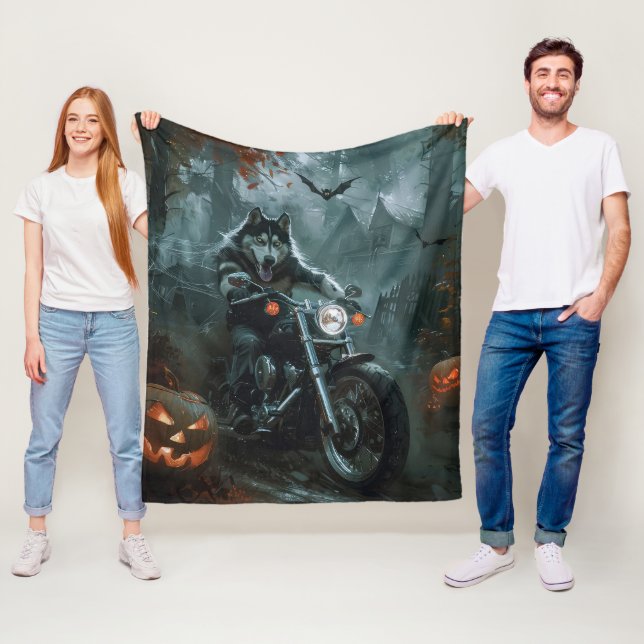 Couverture Polaire Malamute d'Alaska à moto Halloween effrayant (En situation)