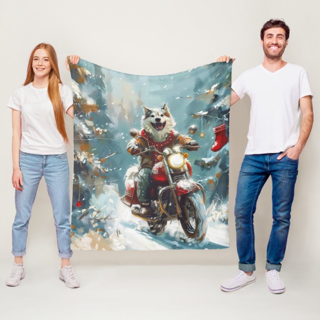 Couverture Polaire Malamute d'Alaska à moto Noël  (En situation)