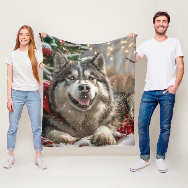 Couverture Polaire Malamute d'Alaska Noël Fête (En situation)