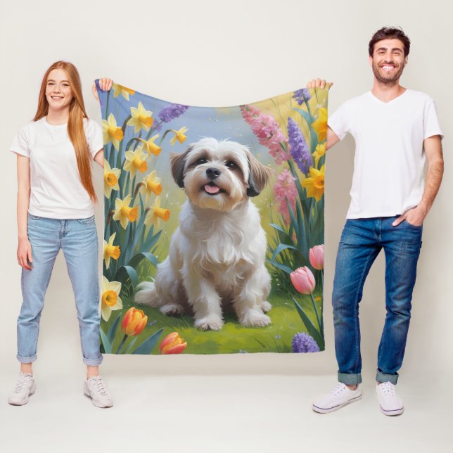 Couverture Polaire Malti Tzu Fleurs de printemps de chien Peinture (En situation)