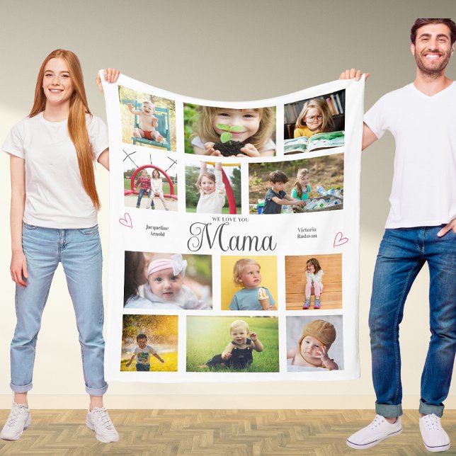 Couverture Polaire Mama We Love You Personalized Hearts Modern (Mama custom fleece blanket with your photos and personalized text.)