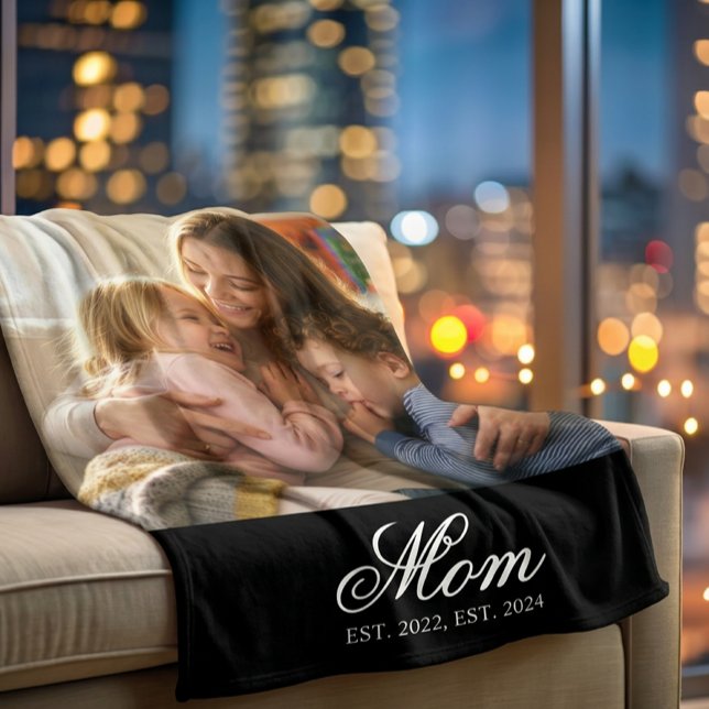 Couverture Polaire Maman a établi un script élégant blanc Photo (Mom Established White Elegant Script Photo Fleece Blanket)