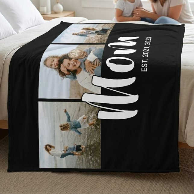 Couverture Polaire Maman a établi un script élégant noir 3 Photo (Mom Established Elegant Script Black 3 Photo Fleece Blanket)