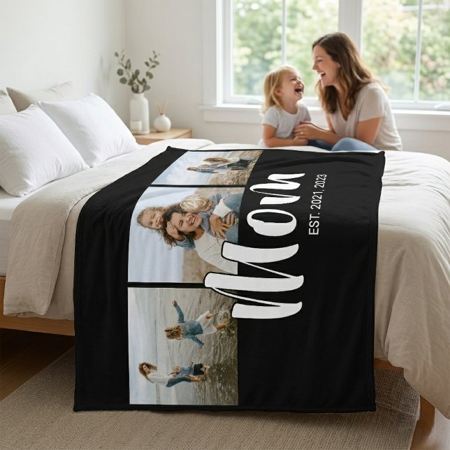 Couverture Polaire Maman a établi un script élégant noir 3 Photo (Mom Established Elegant Script Black 3 Photo Fleece Blanket)