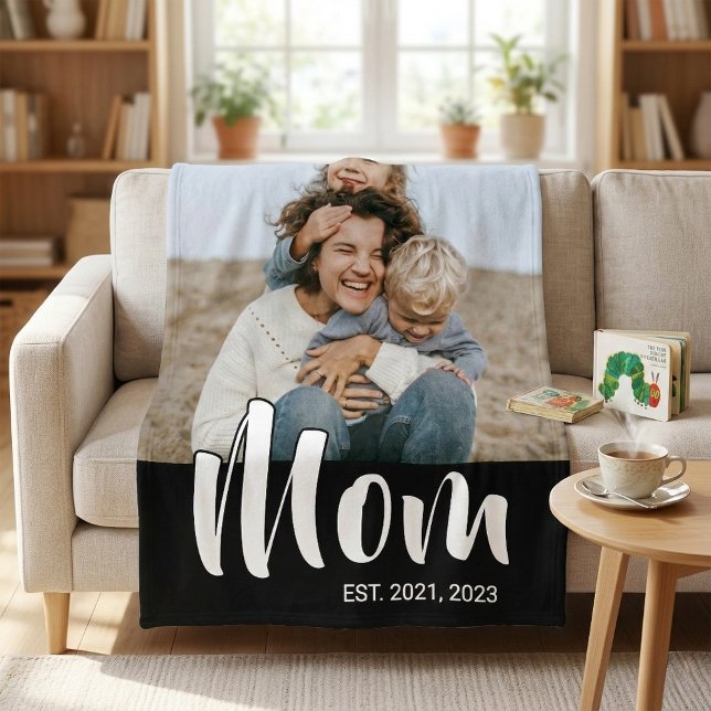 Couverture Polaire Maman a établi un script moderne noir photo (Mom Established Black Modern Script Photo Fleece Blanket)
