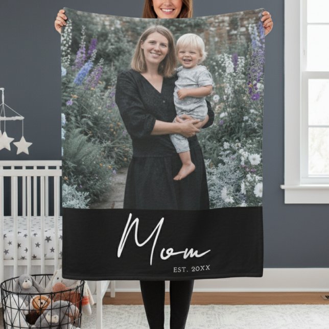 Couverture Polaire Maman Etabli Black Modern Script Photo (Créateur téléchargé)