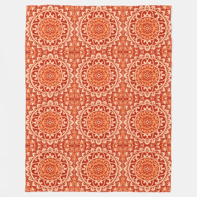 Couverture Polaire Mandala batik soleil du Sud-Ouest, orange corail (Devant)