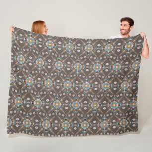 Couverture Polaire Mandala bohème dessiné à la main bleu marron color