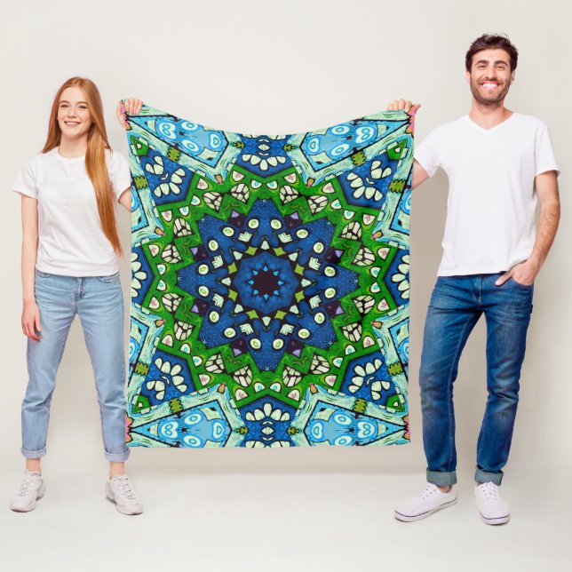Couverture Polaire Mandala Retro Mosaic Vert Motif bleu (En situation)