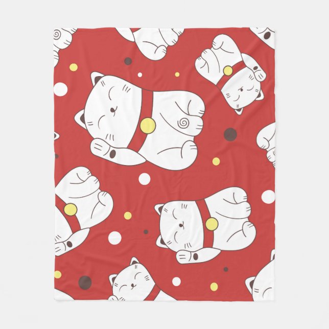 Couverture Polaire Maneki-Neko chat, motif japonais de doodle. (Devant)