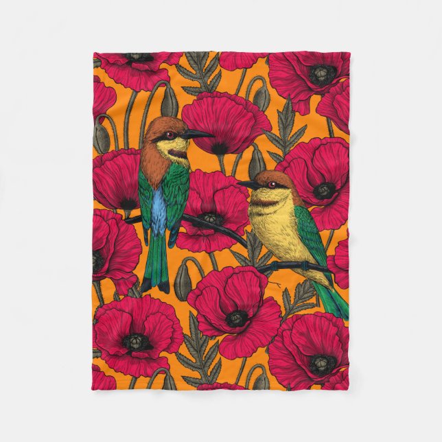 Couverture Polaire Mangeurs d'abeilles et pavots sur orange (Devant)
