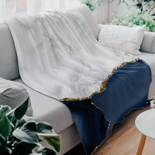 Couverture Polaire Marbre blanc Agate Navy Blue dorée