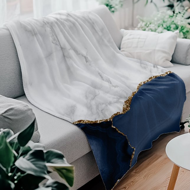 Couverture Polaire Marbre blanc Agate Navy Blue dorée (Créateur téléchargé)