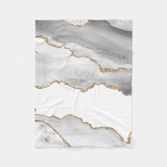 Couverture Polaire Marbre Blanc Grisé Agate Raffiné Paillettes Dorées (Devant)