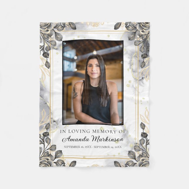 Couverture Polaire Marbre floral noir et or Love Mémoire funéraire (Devant)