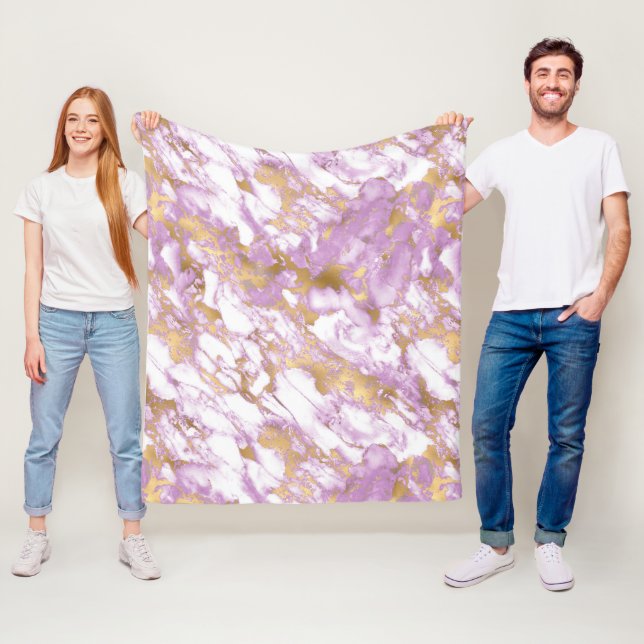 Couverture Polaire Marbre Moderne Violet Clair, Blanc et Or (En situation)