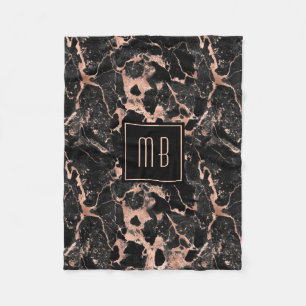 Couverture Polaire Marbre Noir Or Rose Monogramme Élégant