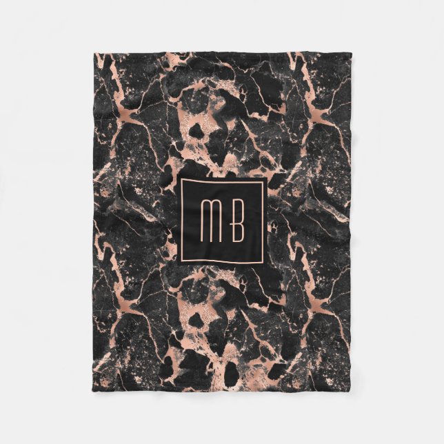Couverture Polaire Marbre Noir Or Rose Monogramme Élégant (Devant)