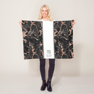 Couverture Polaire Marbre Noir Rose Doré Élégant Monogramme