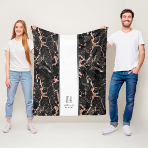 Couverture Polaire Marbre Noir Rose Doré Élégant Monogramme