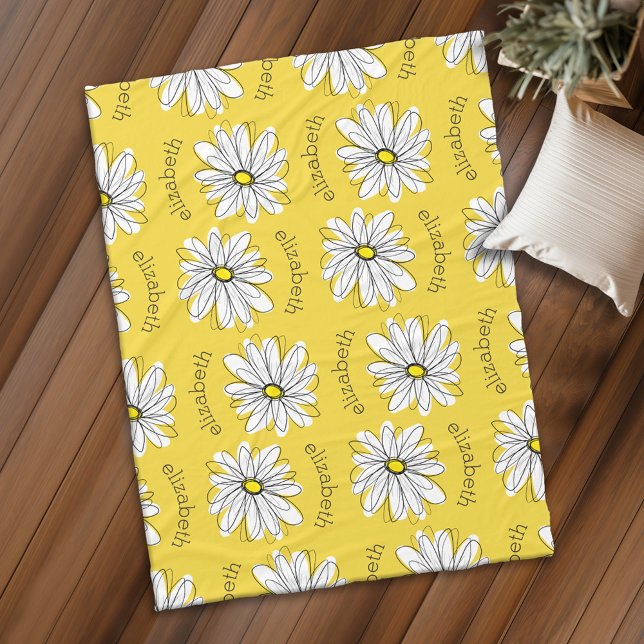 Couverture Polaire Marguerite lunaire jaune et blanc avec nom (Personalized fleece blanket with whimsical daisy)
