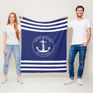 Couverture Polaire Mariage Ancre blanche nautique Bleu bande Monogram