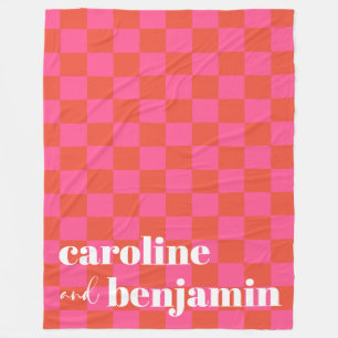 Couverture Polaire Mariage personnalisé en damier rose et rouge gras