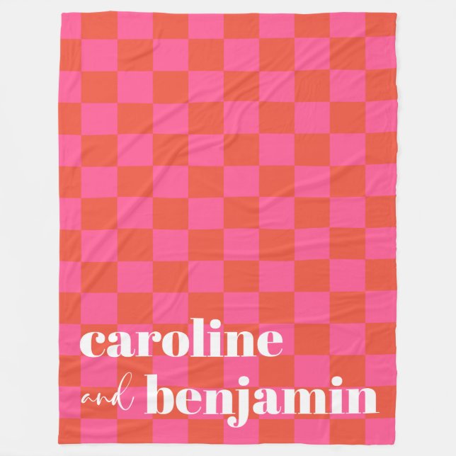 Couverture Polaire Mariage personnalisé en damier rose et rouge gras (Devant)