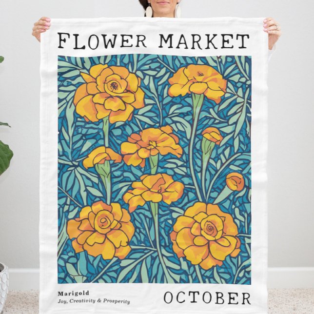 Couverture Polaire Marigold bleu et orange Octobre Marché aux fleurs  (Personalized October Birth Flower Market Print Fleece Blanket, Customizable Marigold Floral Blanket)