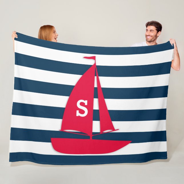 Couverture Polaire Marine Bleu Blanc rayé Monogramme Rouge Bateau Nau (En situation)