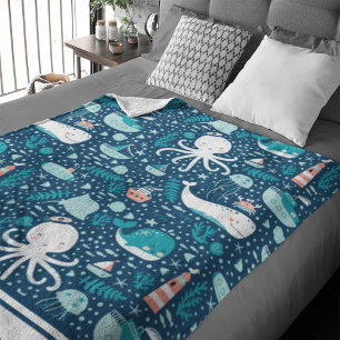 Couverture Polaire Marine Bleu et blanc Motif de l'océan marin