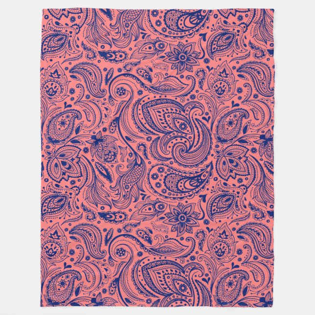 Couverture Polaire Marine Bleu Et Corail Rouge Floral Paisley (Devant)