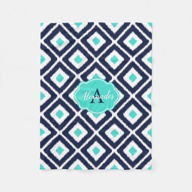 Couverture Polaire Marine Bleue, Turquoise, Diamant Blanc Ikat (Devant)