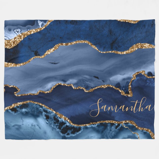 Couverture Polaire Marine Blue et Faux Gold Parties scintillant marbr (Devant (Horizontal))