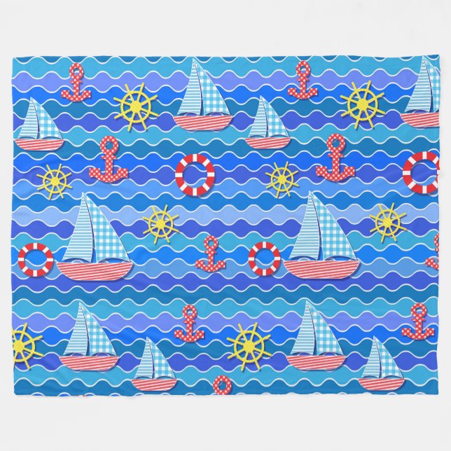 Couverture Polaire Marine Vague Rouge Bleu Ancre Bateau Voilier Batea (Devant (Horizontal))