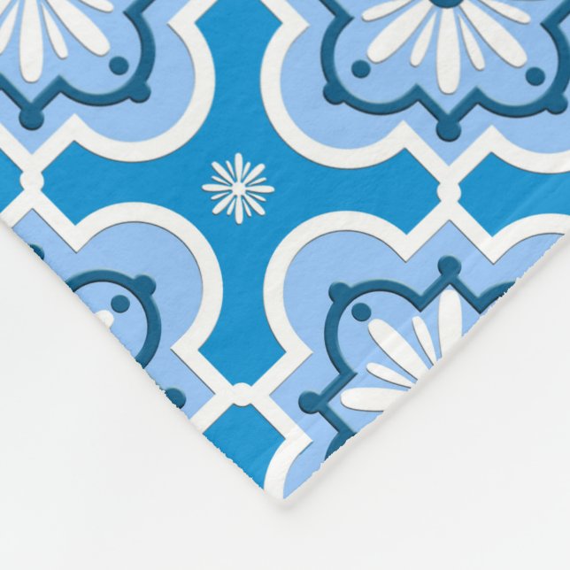 Couverture Polaire Marocain en tuiles motif - Bleu et Blanc (Coin)