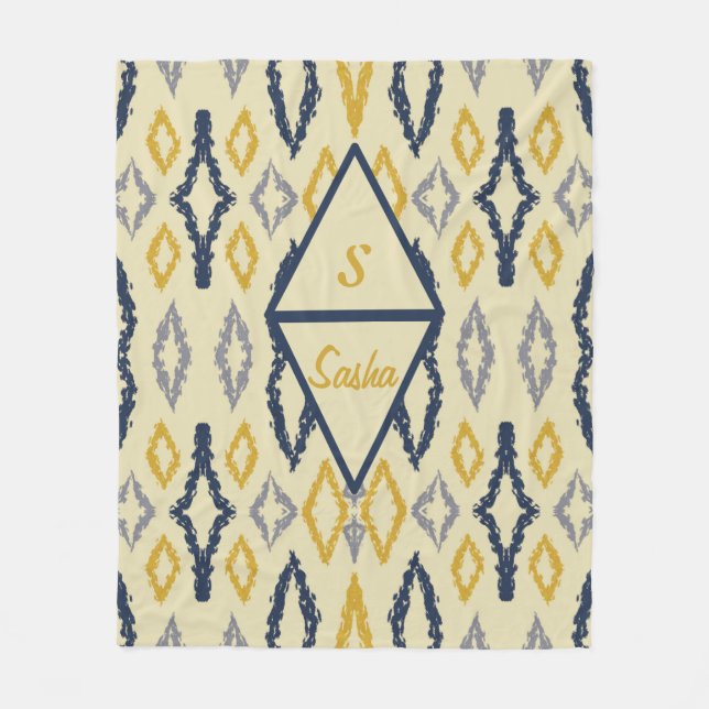 Couverture Polaire Marocain Ikat Bleu Jaune Personnalisé (Devant)