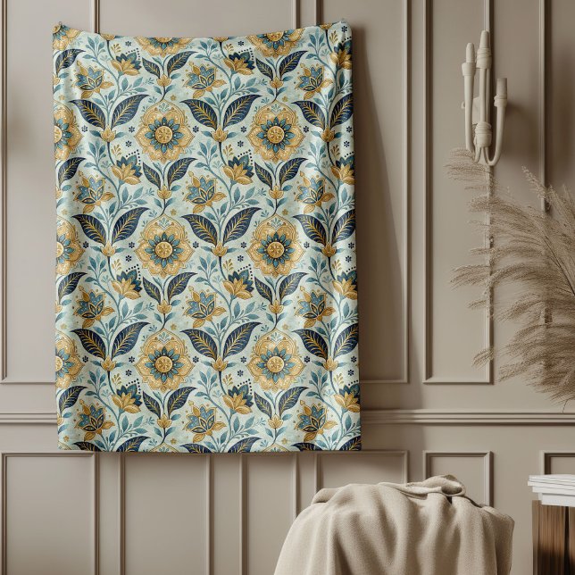 Couverture Polaire Marque méditerranéenne tendance et Carreaux florau (Trendy Mediterranean Navy and Gold Floral Tiles Fleece Blanket)
