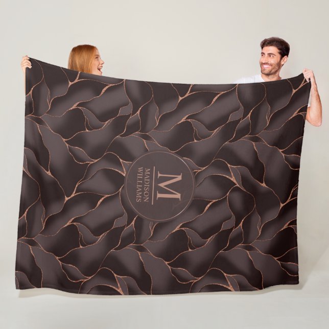 Couverture Polaire Marron Chocolat & Or Rose Motif Vague Abstrait (En situation)