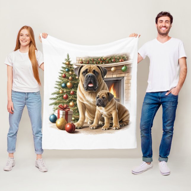 Couverture Polaire Mastiff Dogue de Bordeaux cheminée Noël (En situation)