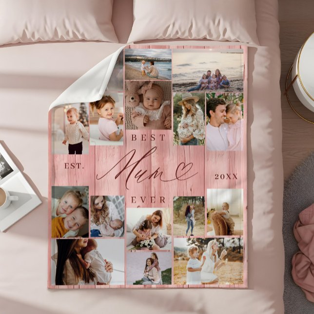Couverture Polaire Meilleure maman Jamais Famille Photo Collage Pink  (Best Mum Ever Family Photo Collage Pink Woodgrain Fleece Blanket)