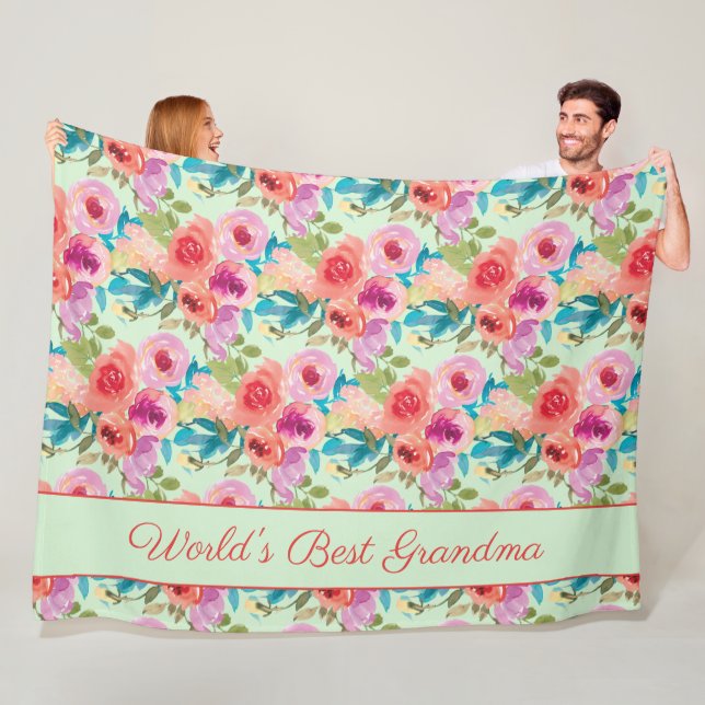 Couverture Polaire Meilleure Mamie du Monde Fleurs Rose Violet Vert M (En situation)